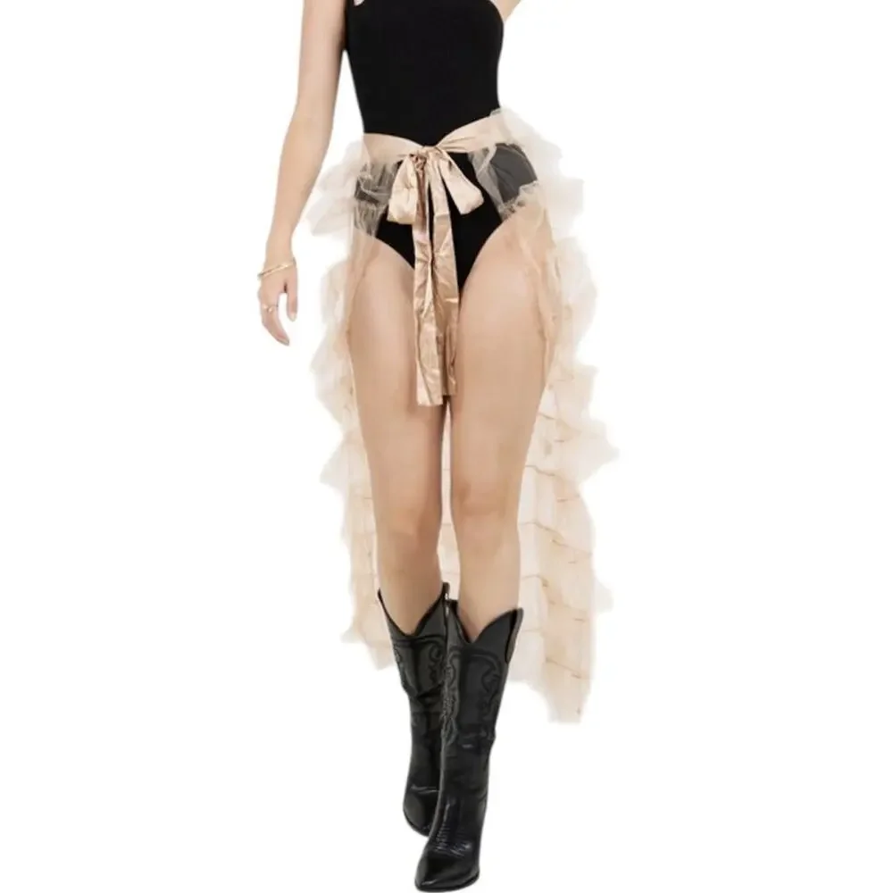 Tiered Tulle Ruffle Sheer Skirt Ribbon Tie Size M Cream Festival Coquette NWT